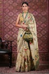 Archana Jaju_Beige Zari Buti Silk Printed Kalamkari V Neck Hand Saree With Blouse _Online_at_Aza_Fashions