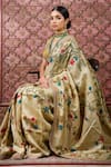 Shop_Archana Jaju_Beige Zari Buti Silk Printed Kalamkari V Neck Hand Saree With Blouse _Online_at_Aza_Fashions