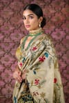 Archana Jaju_Beige Zari Buti Silk Printed Kalamkari V Neck Hand Saree With Blouse _at_Aza_Fashions