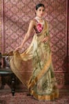 Buy_Archana Jaju_Beige Organza Silk Printed Kalamkari V Neck Hand Saree With Blouse _at_Aza_Fashions