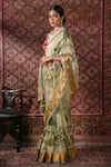 Shop_Archana Jaju_Beige Organza Silk Printed Kalamkari V Neck Hand Saree With Blouse _at_Aza_Fashions