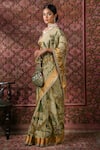 Archana Jaju_Beige Organza Silk Printed Kalamkari V Neck Hand Saree With Blouse _Online_at_Aza_Fashions