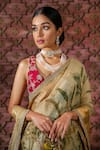 Buy_Archana Jaju_Beige Organza Silk Printed Kalamkari V Neck Hand Saree With Blouse _Online_at_Aza_Fashions