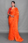 Buy_Label Earthen_Orange Handwoven Banarasi Silk V Neck Saree With Blouse  _Online_at_Aza_Fashions