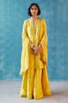 Buy_Label Earthen_Yellow Handwoven Banarasi Butti Silk Embroidery Round Kurta Set  _at_Aza_Fashions