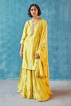 Shop_Label Earthen_Yellow Handwoven Banarasi Butti Silk Embroidery Round Kurta Set  _at_Aza_Fashions