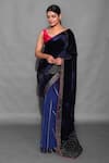 Label Earthen_Blue Chanderi Silk Embroidered Sujani Work U Neck Saree With Blouse  _Online_at_Aza_Fashions