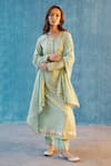 Buy_Label Earthen_Green Handwoven Banarasi Cotton Embroidery Round Straight Kurta Set  _at_Aza_Fashions