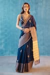 Shop_Label Earthen_Blue Handwoven Chanderi Silk Embroidery V Neck Saree With Blouse _at_Aza_Fashions