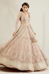 Adaara Couture_Silver Satin V Neck Embellished Bridal Lehenga Set _Online_at_Aza_Fashions