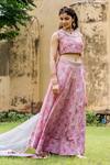 Missprint_Pink Hand Block Printed And Embroidery Gota Round Chanderi Floral Lehenga Set _Online_at_Aza_Fashions