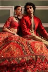 Kalista_Orange Blouse And Lehenga Viscose Silk Hand Embroidered Arohi Chintz Bridal Set _at_Aza_Fashions