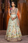 Kalista_Green Blouse And Lehenga Skirt Natural Silk Hand Painted Floral V Vanya Set _Online_at_Aza_Fashions