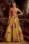 Buy_Kalista_Yellow Hand Painted Floral Motifs One Shoulder Erum Draped Choli And Lehenga Set _at_Aza_Fashions