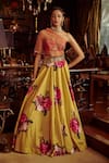 Kalista_Yellow Hand Painted Floral Motifs One Shoulder Erum Draped Choli And Lehenga Set _Online_at_Aza_Fashions