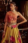 Buy_Kalista_Yellow Hand Painted Floral Motifs One Shoulder Erum Draped Choli And Lehenga Set _Online_at_Aza_Fashions