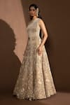 Abhishek Sharma_Beige Silk Organza, Dupatta Net Katana Work And Beaded Embroidered Lehenga Set_Online_at_Aza_Fashions
