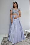 Shop_PARUL GANDHI_Blue Dutch Satin Embroidery Off Shoulder Lehenga Set For Kids_at_Aza_Fashions