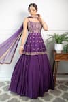 Shop_PARUL GANDHI_Purple Paper Silk Embroidery Scoop Neck Peplum Lehenga Set _at_Aza_Fashions