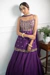 PARUL GANDHI_Purple Paper Silk Embroidery Scoop Neck Peplum Lehenga Set _Online_at_Aza_Fashions