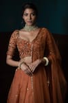 PARUL GANDHI_Orange Organza Embroidery V Neck Lehenga Set _Online_at_Aza_Fashions