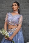 Shop_PARUL GANDHI_Purple Mesh Embroidery V Neck Off Shoulder Lehenga Set _at_Aza_Fashions