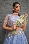 PARUL GANDHI_Purple Mesh Embroidery V Neck Off Shoulder Lehenga Set _Online_at_Aza_Fashions