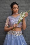 Shop_PARUL GANDHI_Purple Mesh Embroidery V Neck Off Shoulder Lehenga Set _Online_at_Aza_Fashions