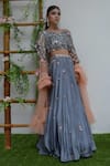 Shop_PARUL GANDHI_Grey Habutai Silk Embroidery V Neck Off Shoulder Lehenga Set _at_Aza_Fashions