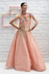 Buy_PARUL GANDHI_Peach Net With Silk Embroidery Asymmetric One Shoulder Lehenga Set _at_Aza_Fashions