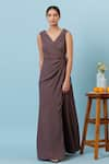 Buy_Genes Lecoanet Hemant_Grey Cotton Satin V Neck Wrap Dress  _at_Aza_Fashions