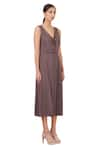 Genes Lecoanet Hemant_Grey Cotton Satin V Neck Pleated Dress  _Online_at_Aza_Fashions