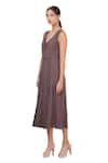 Buy_Genes Lecoanet Hemant_Grey Cotton Satin V Neck Pleated Dress  _Online_at_Aza_Fashions