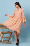 Buy_Genes Lecoanet Hemant_Peach Cotton Slub Round Embroidered Dress  _at_Aza_Fashions