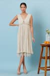 Buy_Genes Lecoanet Hemant_Beige Crinkled Cotton V Neck Midi Dress  _at_Aza_Fashions