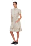 Genes Lecoanet Hemant_Beige Linen Collared Neck Striped Dress  _Online_at_Aza_Fashions