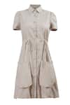 Shop_Genes Lecoanet Hemant_Beige Linen Collared Neck Striped Dress  _Online_at_Aza_Fashions