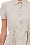 Genes Lecoanet Hemant_Beige Linen Collared Neck Striped Dress  _at_Aza_Fashions