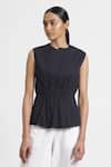Buy_Genes Lecoanet Hemant_Blue Stretch Poplin Notched Neckline Top _at_Aza_Fashions