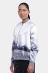 Genes Lecoanet Hemant_White Poly Crepe Embroidery Band Collar Sene Printed Bomber Jacket  _Online_at_Aza_Fashions