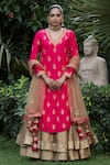 Buy_Nikasha_Pink Dupion Silk V Neck Printed Kurta Lehenga Set _at_Aza_Fashions