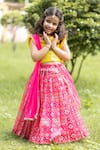 Lil Angels_Pink Chanderi, Cotton Embroidery, Beads Ikat Lehenga Set _Online_at_Aza_Fashions