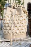 The Leather Garden_Beige Embroidery Floral Embellished Bucket Bag _at_Aza_Fashions
