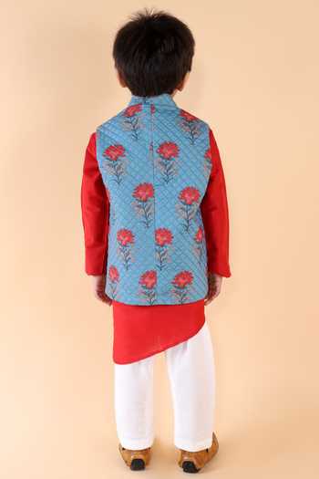 Shop_Lil Angels_Blue Silk, Cotton Embroidery Quilted Nehru Jacket And Asymmetric Kurta Set _at_Aza_Fashions