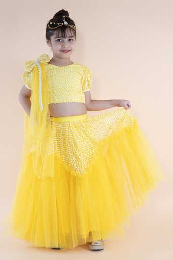 Buy_Lil Angels_Yellow Net, Silk Sequins Embroidered Lehenga Set _at_Aza_Fashions