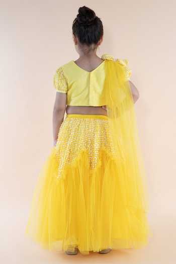 Shop_Lil Angels_Yellow Net, Silk Sequins Embroidered Lehenga Set _at_Aza_Fashions