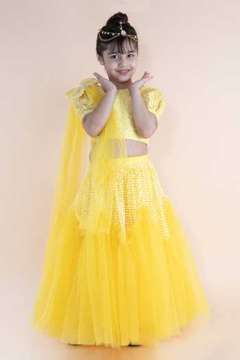 Lil Angels_Yellow Net, Silk Sequins Embroidered Lehenga Set _Online_at_Aza_Fashions