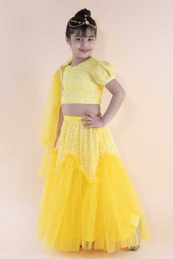 Shop_Lil Angels_Yellow Net, Silk Sequins Embroidered Lehenga Set _Online_at_Aza_Fashions