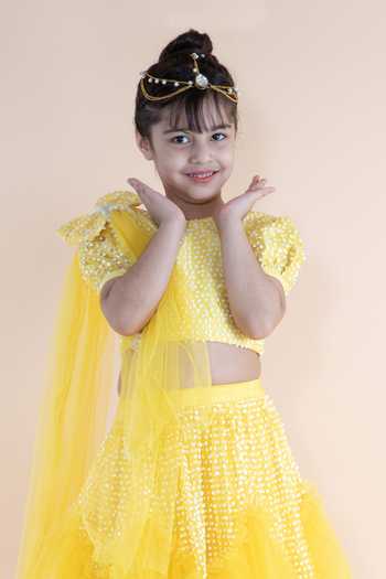 Lil Angels_Yellow Net, Silk Sequins Embroidered Lehenga Set _at_Aza_Fashions