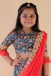 Shop_Lil Angels_Blue Handloom Cotton Linen Printed Lehenga Set _Online_at_Aza_Fashions